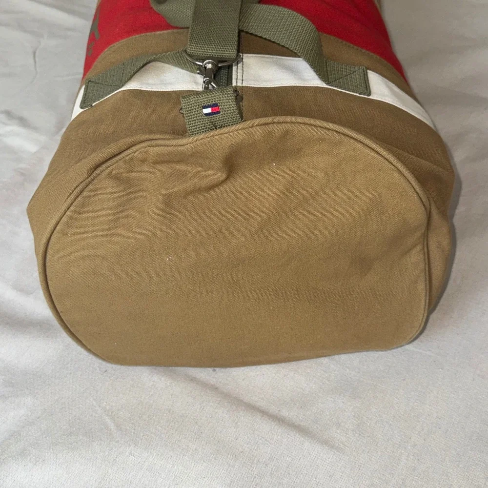 Vintage 2006 Tommy Hilfiger TH85 Canvas Duffel Bag Tan Red White Weekender